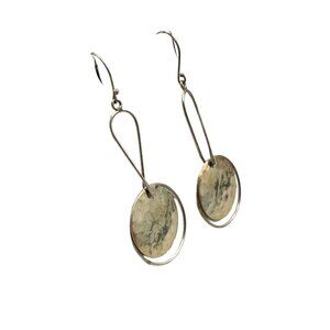 Sterling Silver 925 Dangles Earrings Pierced Long Drops with Hammered Disks